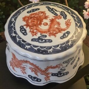 Overjoy Hand Painted In H.K. Round Trinket Ceramic Bowl W/lid Red Dragon